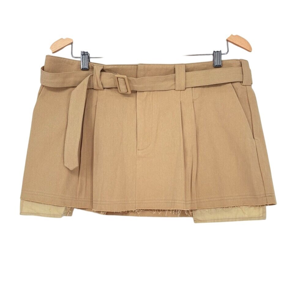 Lioness Mini Skirt Womens L Tan Belted Pleated Raw Hem Khaki Utility Y2K